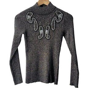 Vintage Size SMALL Beaded Embellished Small-Rib Crystal Sparkly Silver Sweater